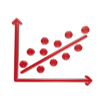 Red glossy 3d scatter plot graph with dots and a linear regression trend line on dark chart isolated on a transparent background