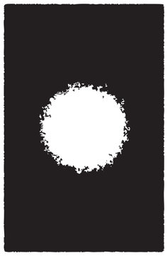 A bright white glowing circular shape with a rough textured edge centered on a deep solid black background for artistic graphic design projects