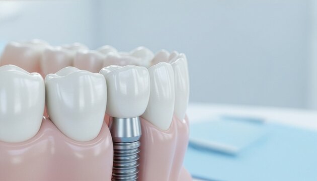 A medical model of a dental implant screw placed inside pink gums with white ceramic crowns, highlighting teeth replacement surgery, prosthodontics procedure, and professional stomatology care.