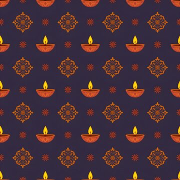 seamless pattern with birds and flowers, Seamless Dark Blue Diya and Geometric Mandala Pattern Diwali Background