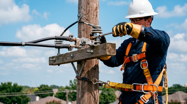 Utility worker inspecting and tightening power lines on wooden pole