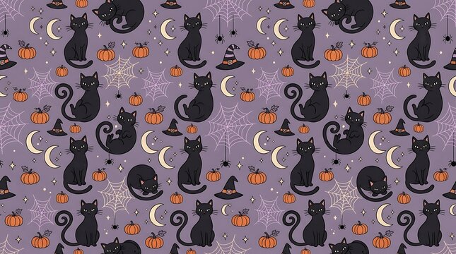 Seamless pattern with black cats pumpkins and spooky elements for halloween designs