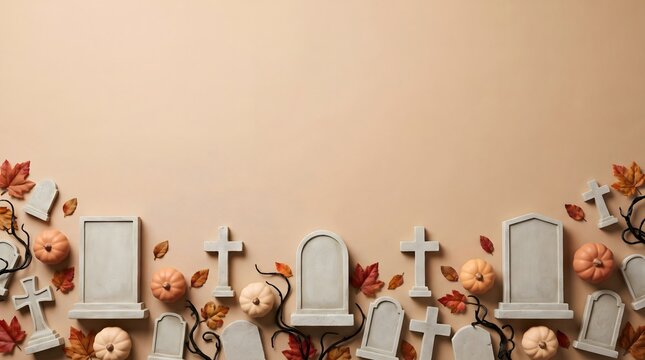 A festive 3d graveyard background featuring miniature tombstones and autumn pumpkins for a creative halloween holiday design
