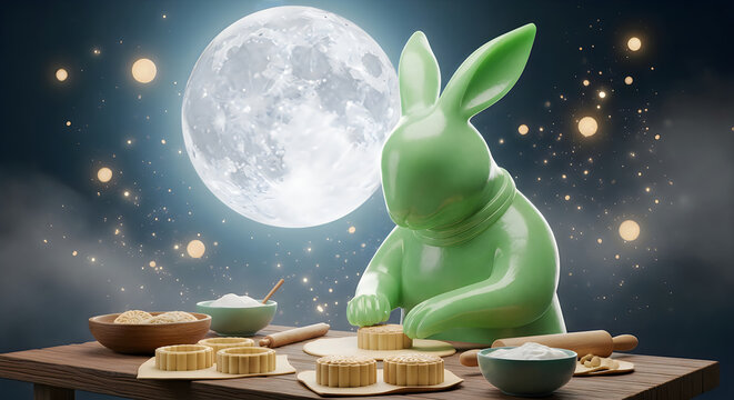 Celebrating the mid autumn festival with a jade rabbit and traditional mooncakes under the full moon