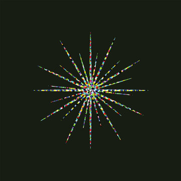 Colorful glowing starburst shape with vibrant light rays radiating from the center on a dark background for modern graphic design and digital art