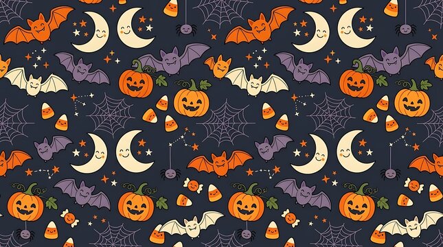 Seamless halloween pattern featuring cute pumpkins bats crescent moons and candy corn on a dark blue background