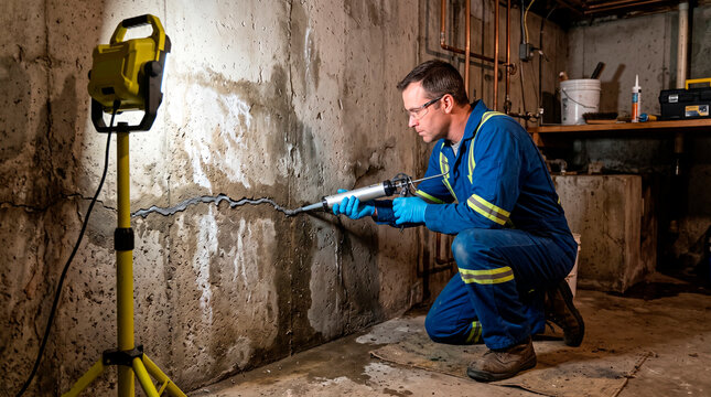 Construction Technician Sealing Concrete Wall with Waterproofing