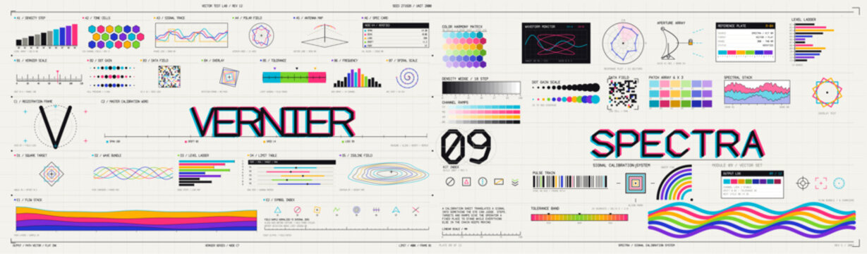 Y2K CMYK vector design kit with retro futuristic lettering, color bars, calibration charts, glitch graphics, waveforms and technical elements for streetwear, posters and t-shirt prints.