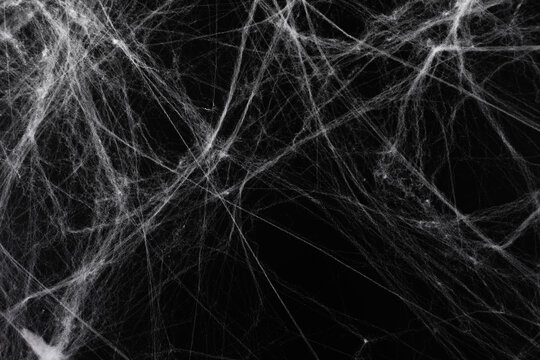 Spooky Halloween cobweb background. White artificial spider web texture isolated on solid black. Creepy decorative netting element for holiday design, horror party decor, and gothic abstract backdrop.