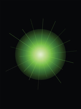 Abstract green glowing sun circle with radiating light rays on a black background