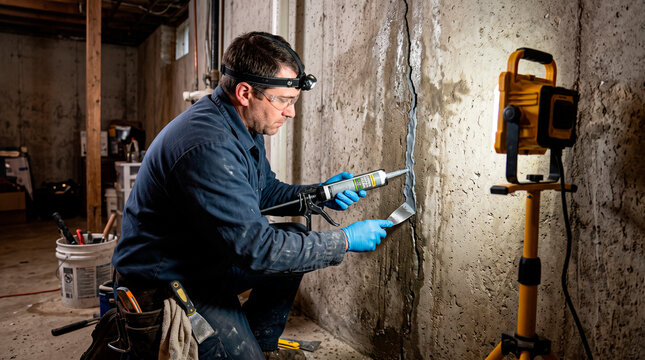 Construction Technician Sealing Concrete Wall with Waterproofing