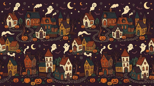 Seamless halloween pattern with spooky houses ghosts and autumn colors for festive designs
