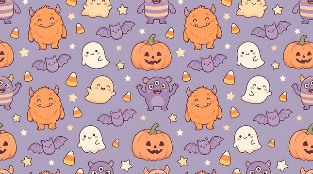 Seamless halloween pattern with pumpkins ghosts bats and candy corn on lavender
