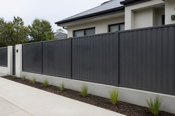 Fototapeta premium Modern black privacy fence beside a contemporary house