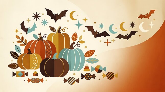 Autumn harvest of colorful pumpkins with bats and falling leaves against a warm background
