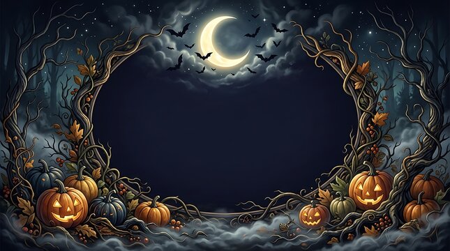 Spooky halloween night scene with a crescent moon framed by a haunted house