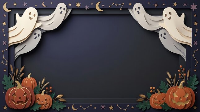 Spooky halloween scene with ghosts pumpkins and a dark starry night background