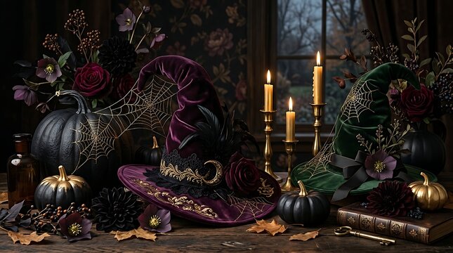Dramatic still life composition featuring antique objects candles and dark moody lighting