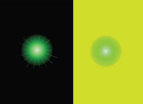 Bright green glowing light star flare effect on split black and yellow background