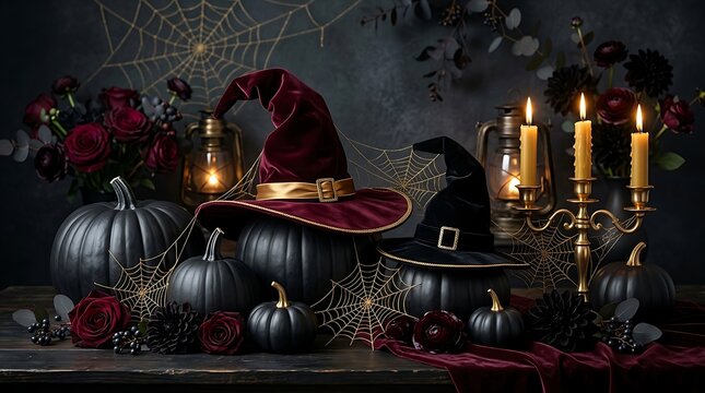 Dramatic halloween still life with pumpkins candles and gothic inspired decorations