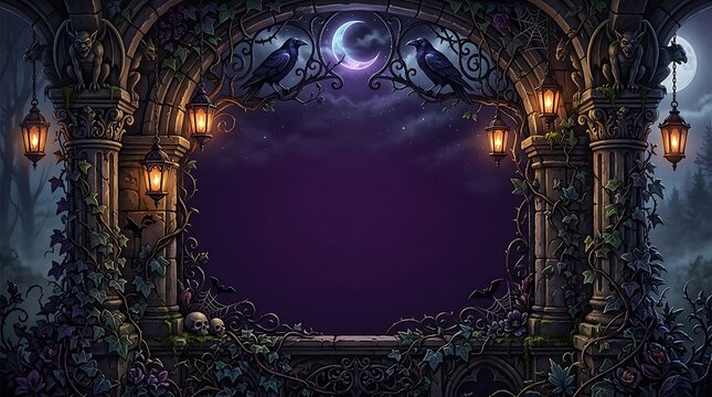 Dramatic gothic archway illuminated by lanterns under a moonlit night sky