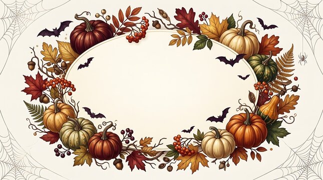 Autumn wreath with pumpkins leaves and bats on a vintage cream background