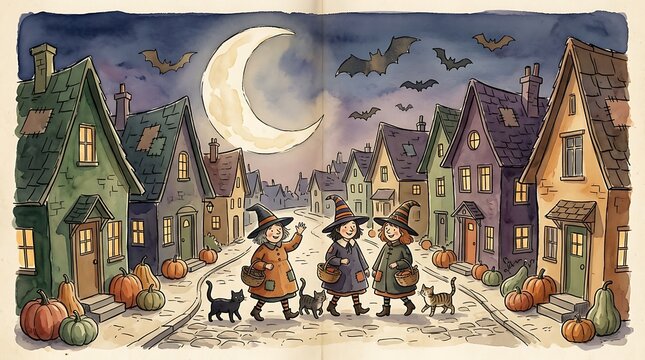 Vintage halloween illustration of a spooky town under a large crescent moon