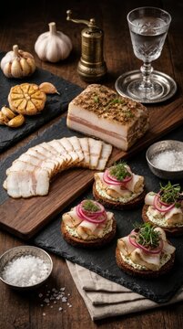 Peppered lardo crostini with red onion and fresh dill