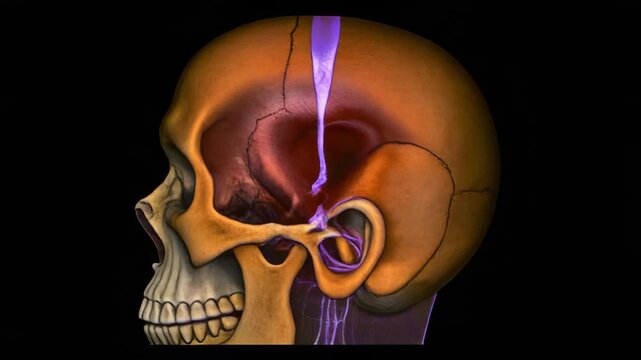 Medical illustration showing human skull anatomy with highlighted nerves and jaw joint structure.