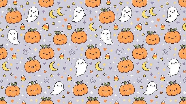 Seamless halloween pattern with cute pumpkins and friendly ghost illustrations