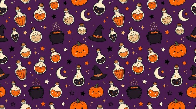 Seamless halloween pattern with pumpkins ghosts bats and crescent moons on purple background