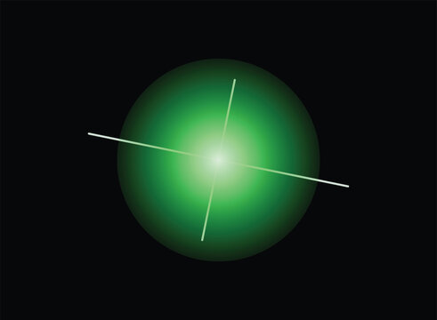 Bright glowing green star light effect with thin rays shining in the dark