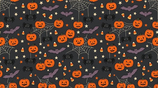 Seamless halloween pattern with glowing jackolanterns and spooky bat silhouettes