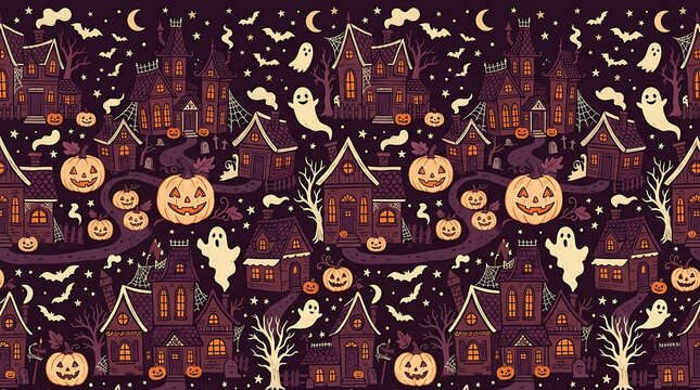 Seamless halloween pattern with ghosts jackolanterns bats and spooky haunted house