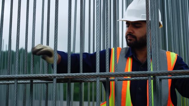 Construction worker in white hard hat and reflective safety vest moves gloved hands across vertical steel reinforcing bars outdoors, framed closely by dense rows of rebar