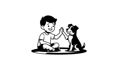 Fototapeta premium Minimalist black and white vector boy high fiving pet dog 