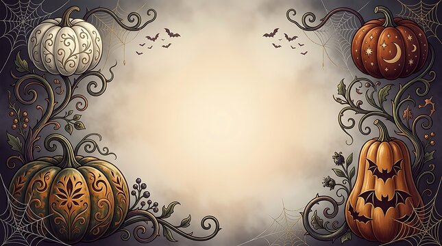 Spooky halloween background with pumpkins bats and vintage paper textures