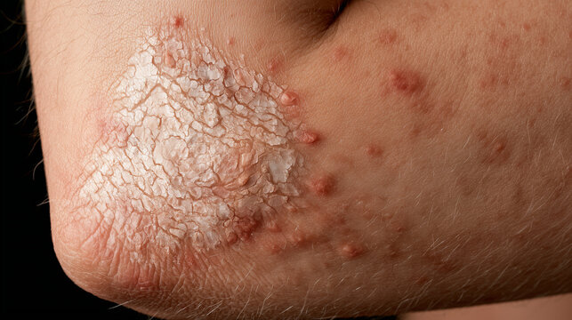 Macro close up medical dermatology photograph of a human elbow with severe plaque psoriasis. One large, irregular, raised erythematous plaque over the elbow joint with thick silver
