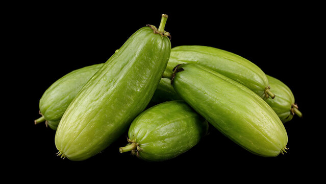 Fresh green bilimbi fruits arranged naturally with subtle water droplets, showcasing ridged surfaces, vibrant natural color, glossy texture, realistic stems, and authentic Malaysian appearance.