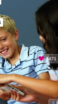 Animation of notification bars over diverse children trying to snatch digital tablet from each other