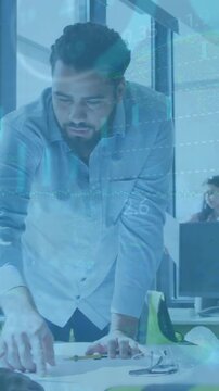 Animation of financial data processing over diverse architects having meeting in office