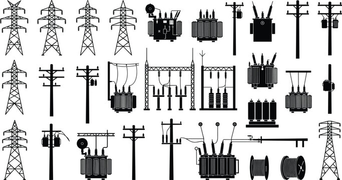 Electric power transmission line pylon high voltage transformer utility pole silhouette vector set