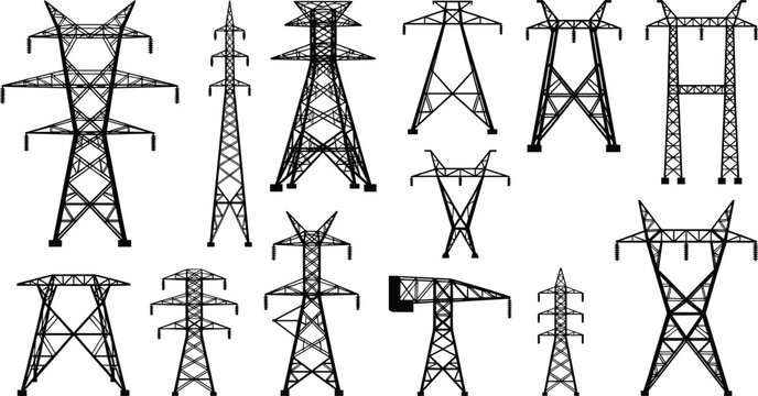 Electric power transmission tower pylon high voltage grid infrastructure line silhouette vector set