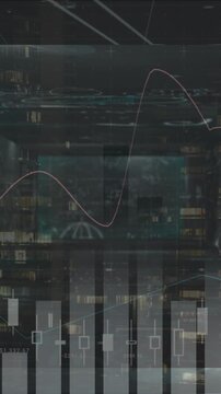Animation of data processing over screens and cityscape