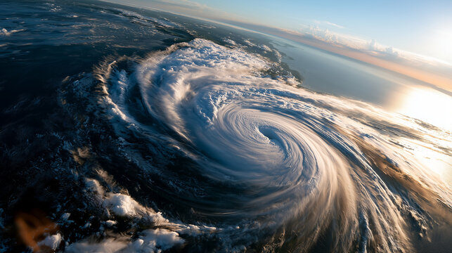 Wide orbital satellite perspective of a gigantic tropical cyclone over the Atlantic near the eastern US coastline, dramatic spiral-shaped cloud structure rotating around a well-def