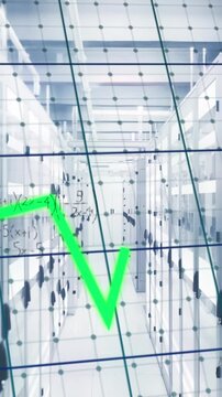 Animation of mathematical equations and graphs over grid network against computer server room