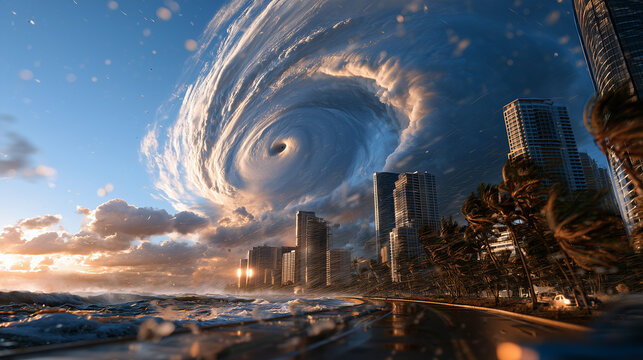 Dramatic photorealistic panorama of a coastal metropolis beneath a massive hurricane eyewall, towering spiral storm clouds dominating the sky, powerful wind gusts driving rain acro