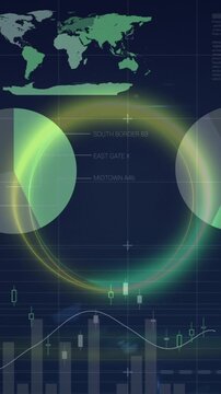 Digital composite of financial charts with animated processing circle adds depth.
