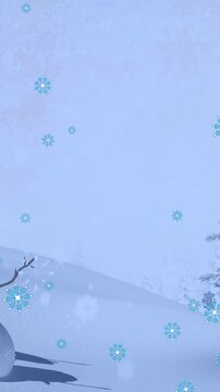 Animation of christmas snowmen and snow falling over winter scenery
