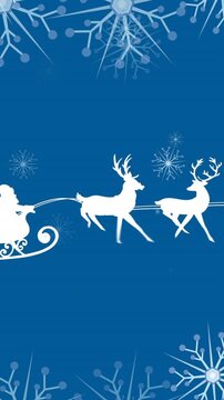 Animation of santa claus in sleigh with reindeer over snow falling on blue background
